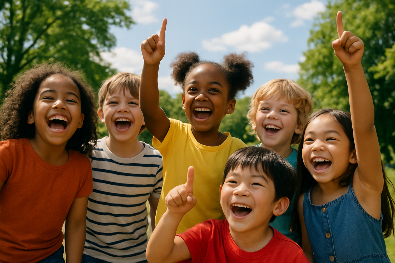 Several kids, diverse skin tones and races, maybe 7 or 8, all happy, laughing, a few of them pointing upward.